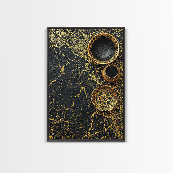 Black Gold Vessels Texture Wall Art, African Inspired Canvas Print, Abstract Ethnic Art, Luxury Kitchen Decor, Home Decor Gift