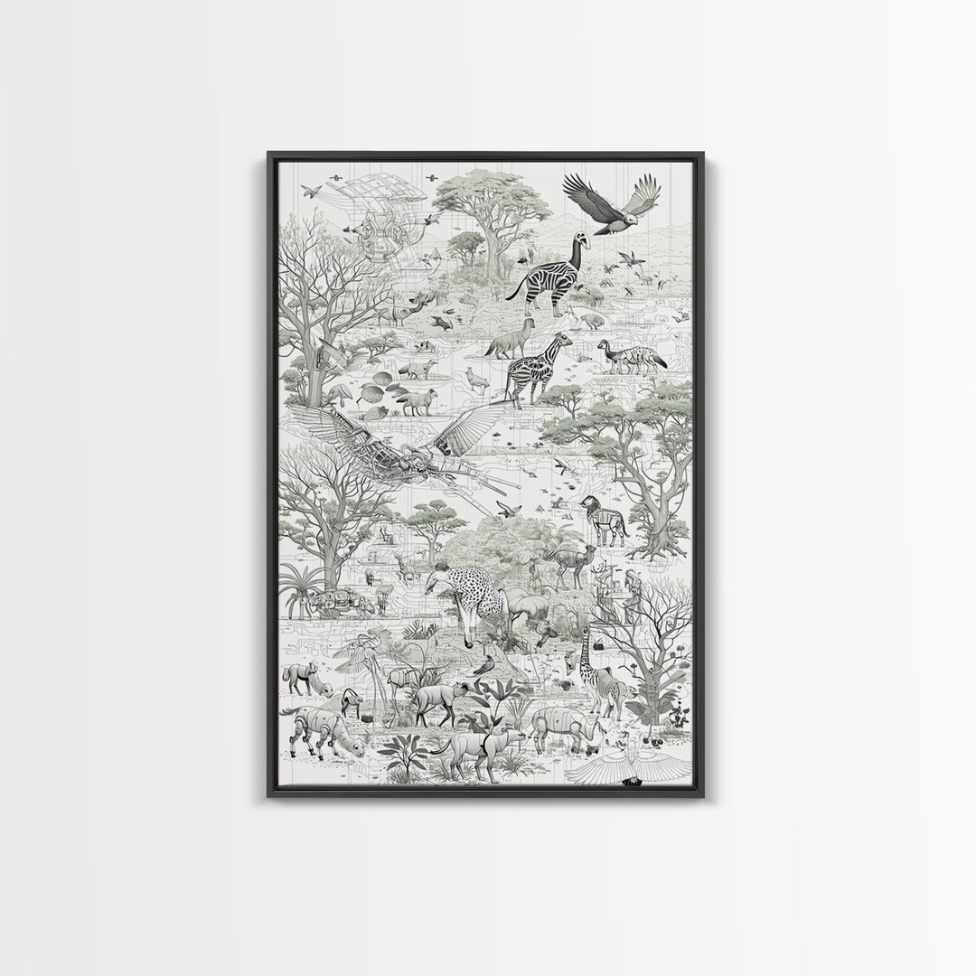 Intricate Monochrome African Safari Map Wall Art, Serengeti Animals, Elephant, Zebra, Giraffe, Travel Inspired Home Decor
