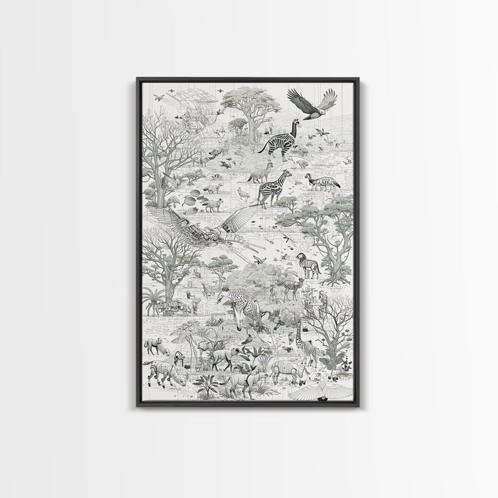 Intricate Monochrome African Safari Map Wall Art, Serengeti Animals, Elephant, Zebra, Giraffe, Travel Inspired Home Decor