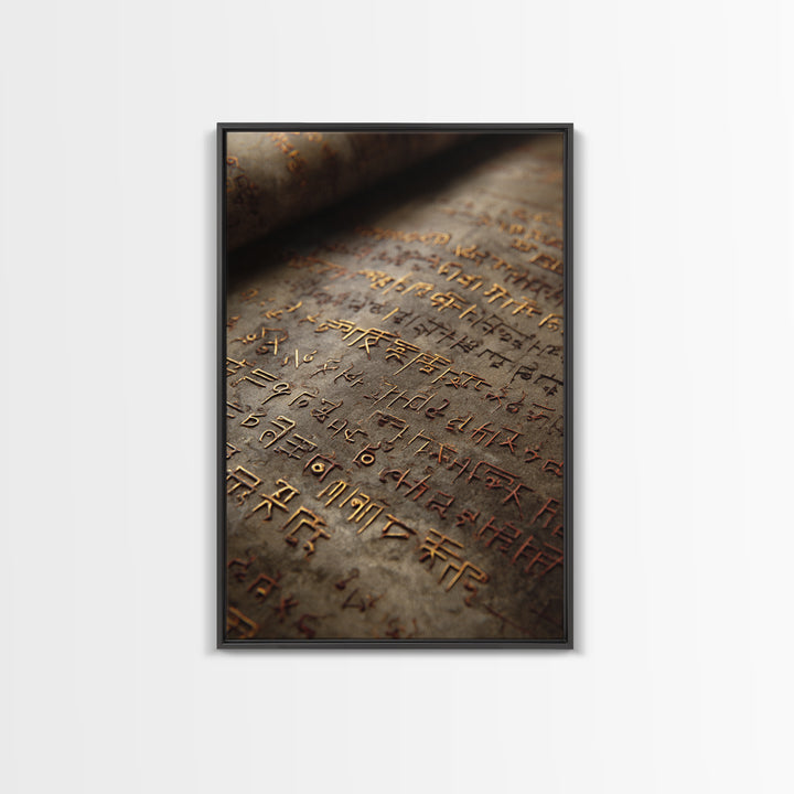 Aged Bronze Ancient Script Framed Canvas Print, Close Up Manuscript, Cultural Wall Art, Earth Tone Office Decor Gift For Study