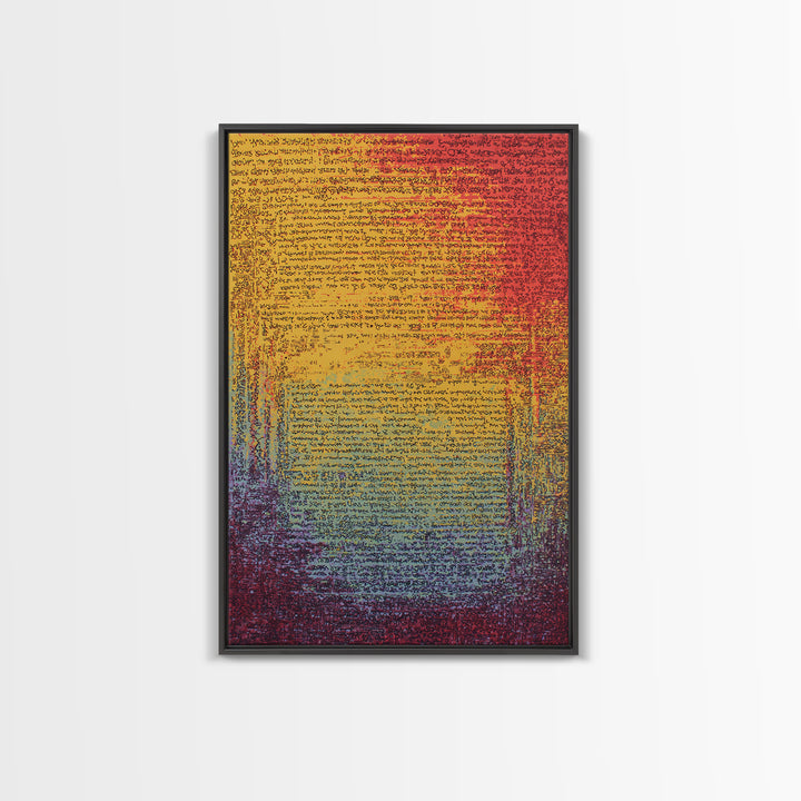 Colorful Gradient Ancient Manuscript Wall Art, Red Yellow Blue Abstract Script, Modern Canvas Print, Vibrant Home Decor Gift