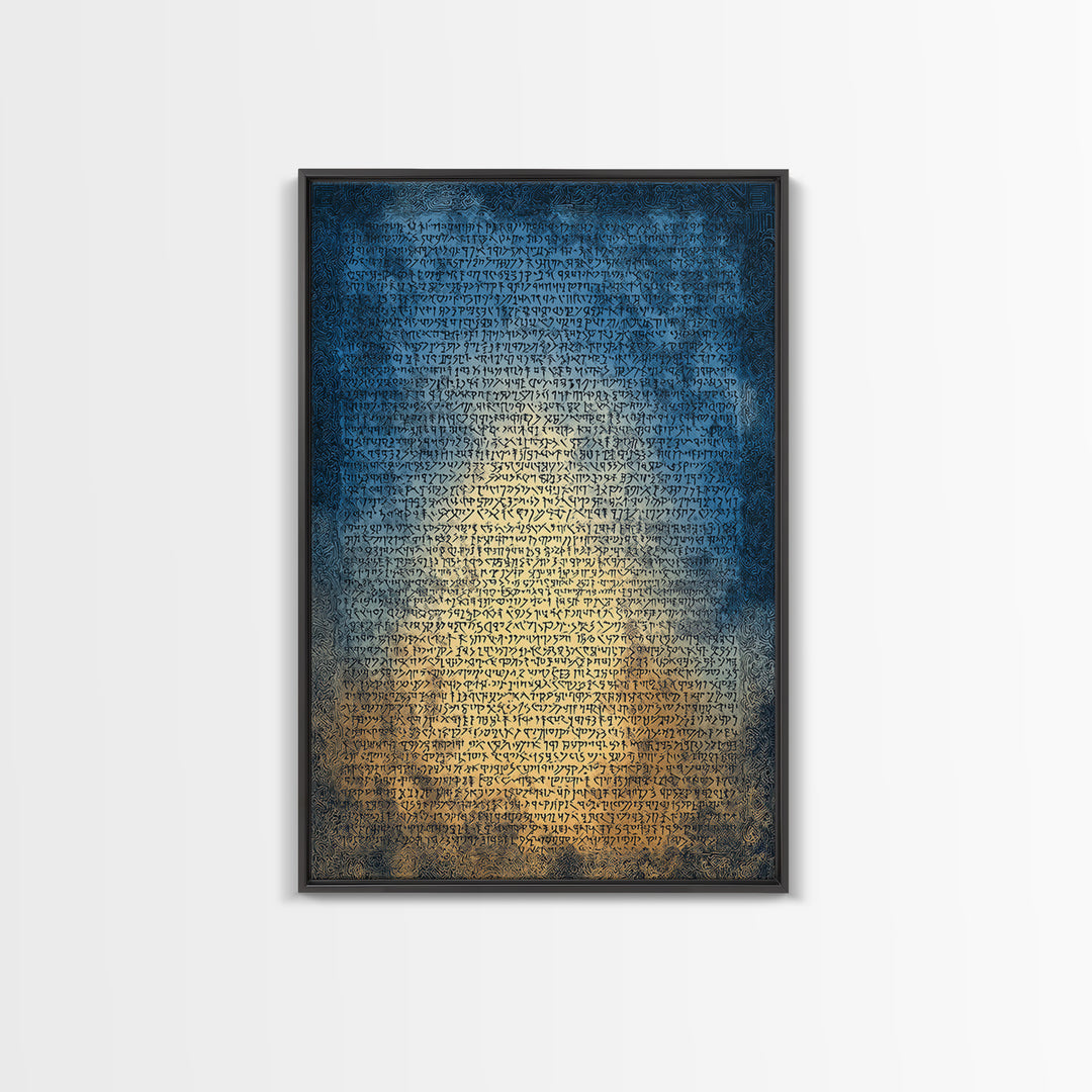 Blue Ancient Script Manuscript Canvas Print, Glowing Parchment Wall Art, Spiritual Cultural Decor, Elegant Office Gift For Her