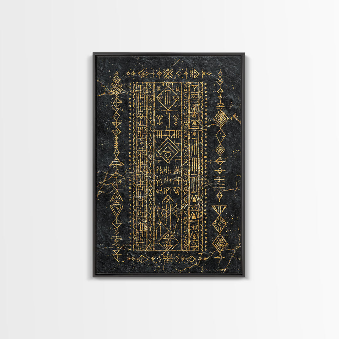 Black Gold Tribal Geometric Symbol Wall Art, Ancient African Inspired Panel, Mystical Canvas Print, Cultural Home Decor Gift