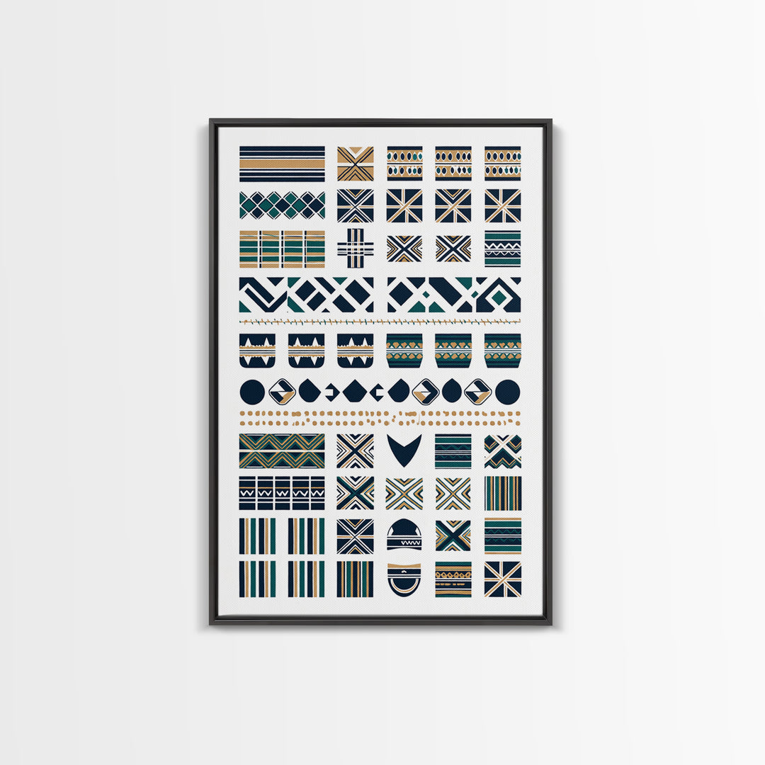 African Textile Pattern Grid In Blue Gold Wall Art, Ankara Wall Art, Ethnic Art Print, Cultural Home Decor, Motherland Style Gift