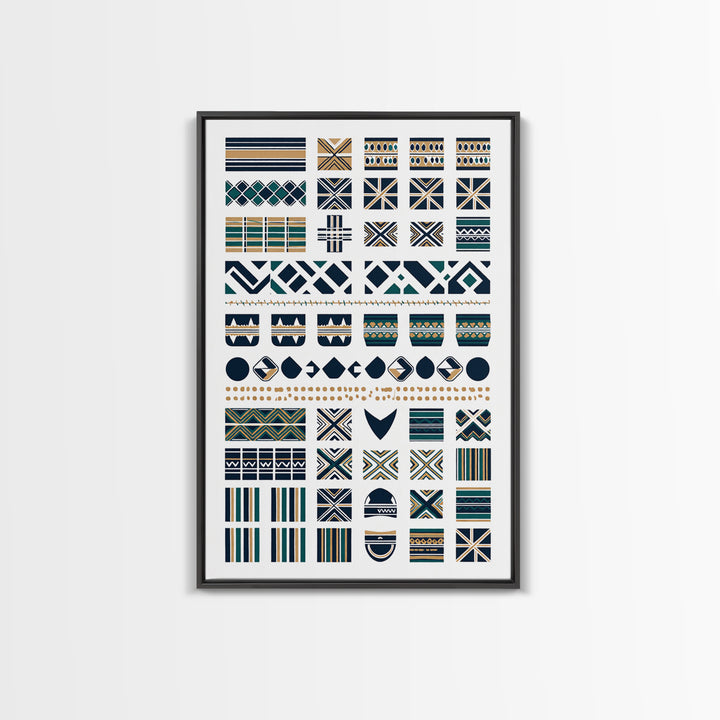 African Textile Pattern Grid In Blue Gold Wall Art, Ankara Wall Art, Ethnic Art Print, Cultural Home Decor, Motherland Style Gift