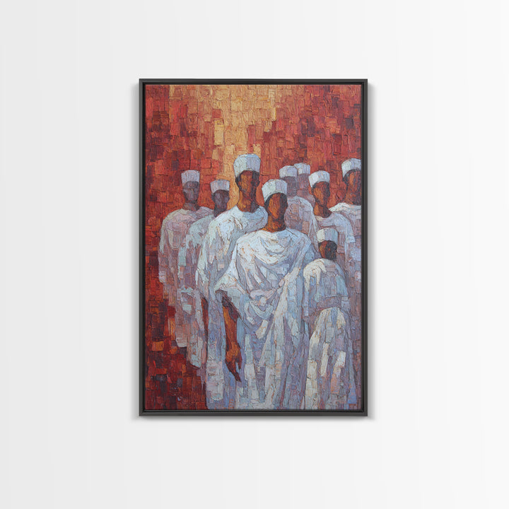 White Robed Figures In Red Impasto Framed Canvas Print, African Wall Art, Cultural Decor, Modern African Painting Gift For Home Decor