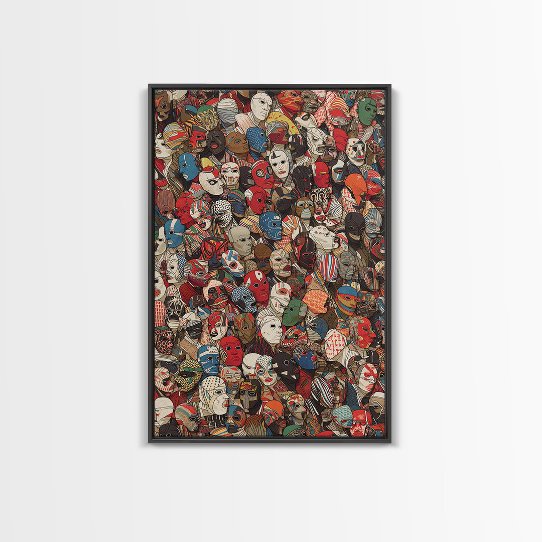 Illustrated African Mask Collage Wall Art, Colorful Tribal Pattern, Afrocentric Decor, Cultural Gallery Canvas Print Gift