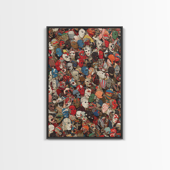 Illustrated African Mask Collage Wall Art, Colorful Tribal Pattern, Afrocentric Decor, Cultural Gallery Canvas Print Gift