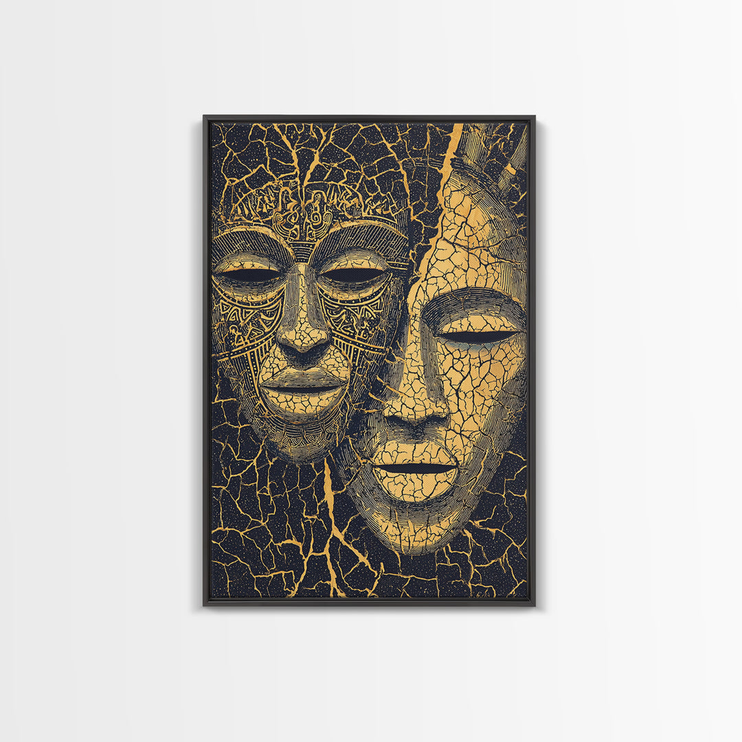 Gold Line African Mask Duo Wall Art, Tribal Mask Canvas Print, Black And Gold Decor, Afrocentric Cultural Home Decor Gift