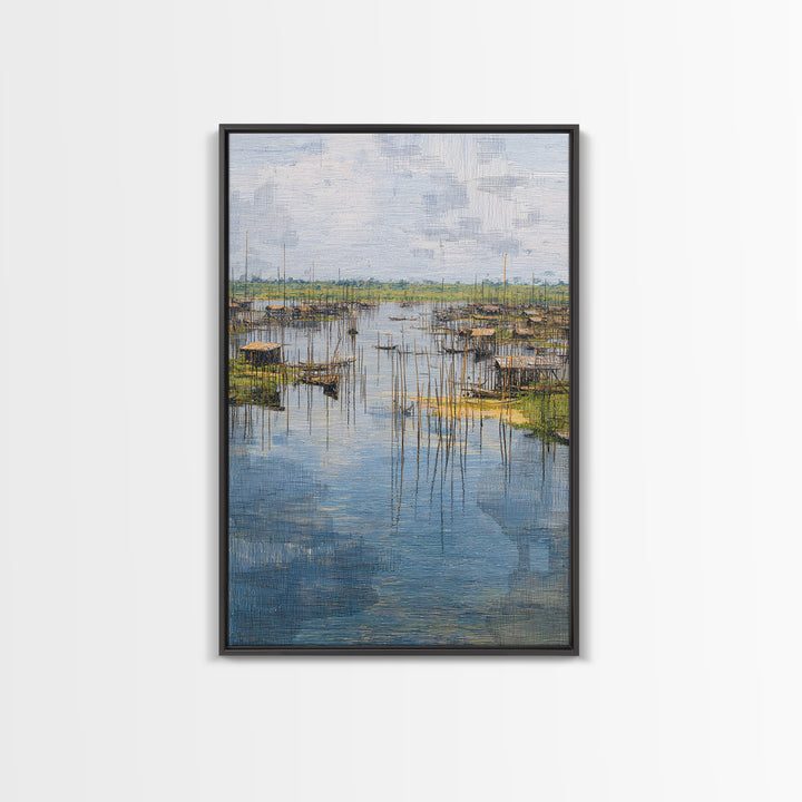 Serene African Fishing Village Wall Art, Blue Wetland Landscape Canvas, Coastal Nature Scene, Textured Home Decor For Living Room