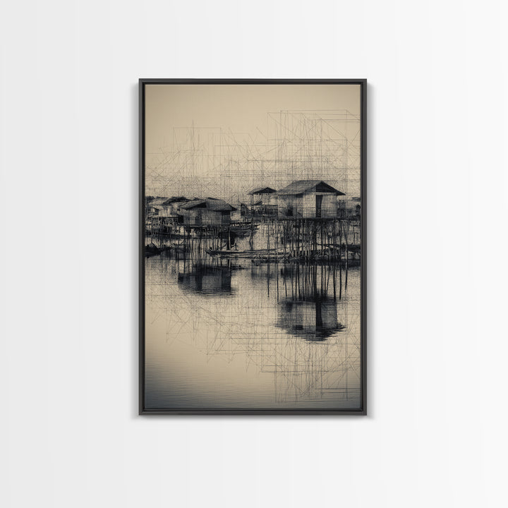 Monochrome Stilt Village Framed Canvas Print, African Fishing Huts Sketch, Minimalist Black Wall Decor For Office And Living Room