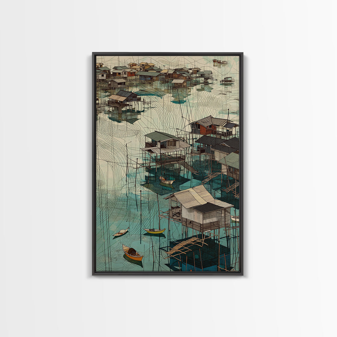 Turquoise African Stilt Houses Wall Art, Fishing Village Canvas, Coastal Landscape Print, Cultural Home Decor Gift For Living Room