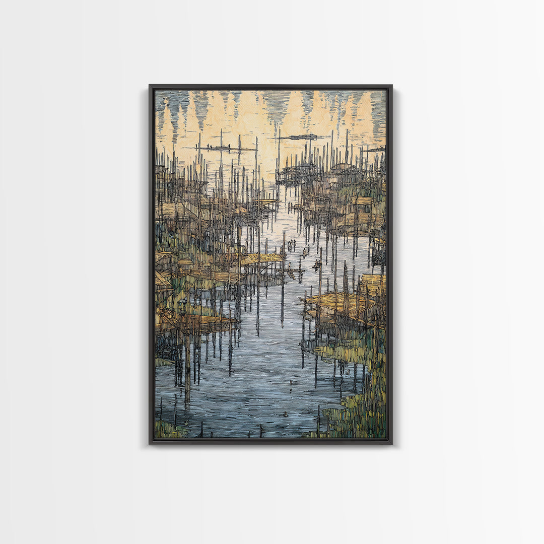 Intricate African Wetland Village Wall Art, Fishing Poles And Boats Canvas, Textured Landscape Decor For Living Room Gift