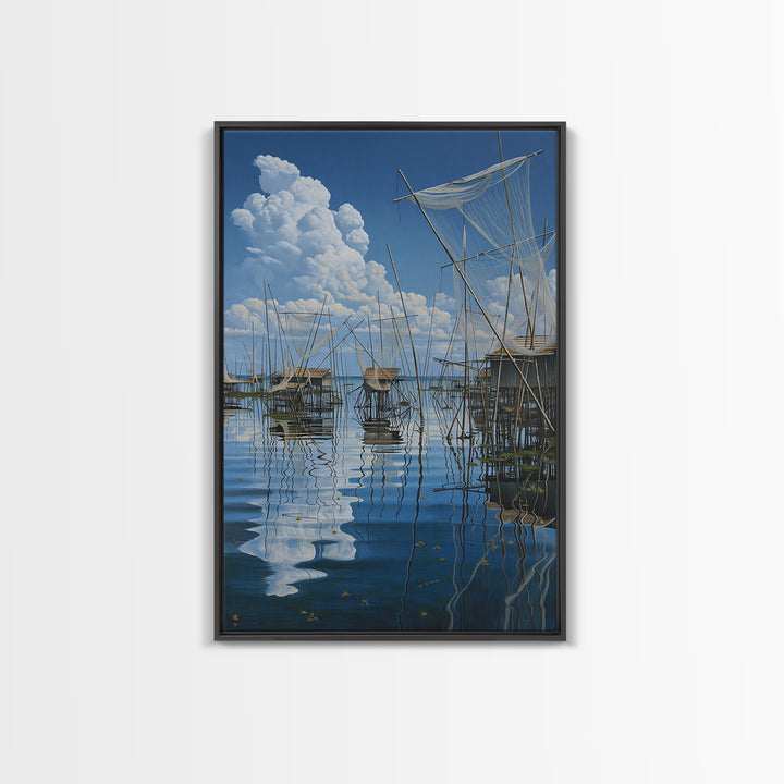 Dreamy Fishing Nets On Blue Water Wall Art, African Coastal Village Canvas, Cloud Reflection Nature Decor Gift For Home And Office