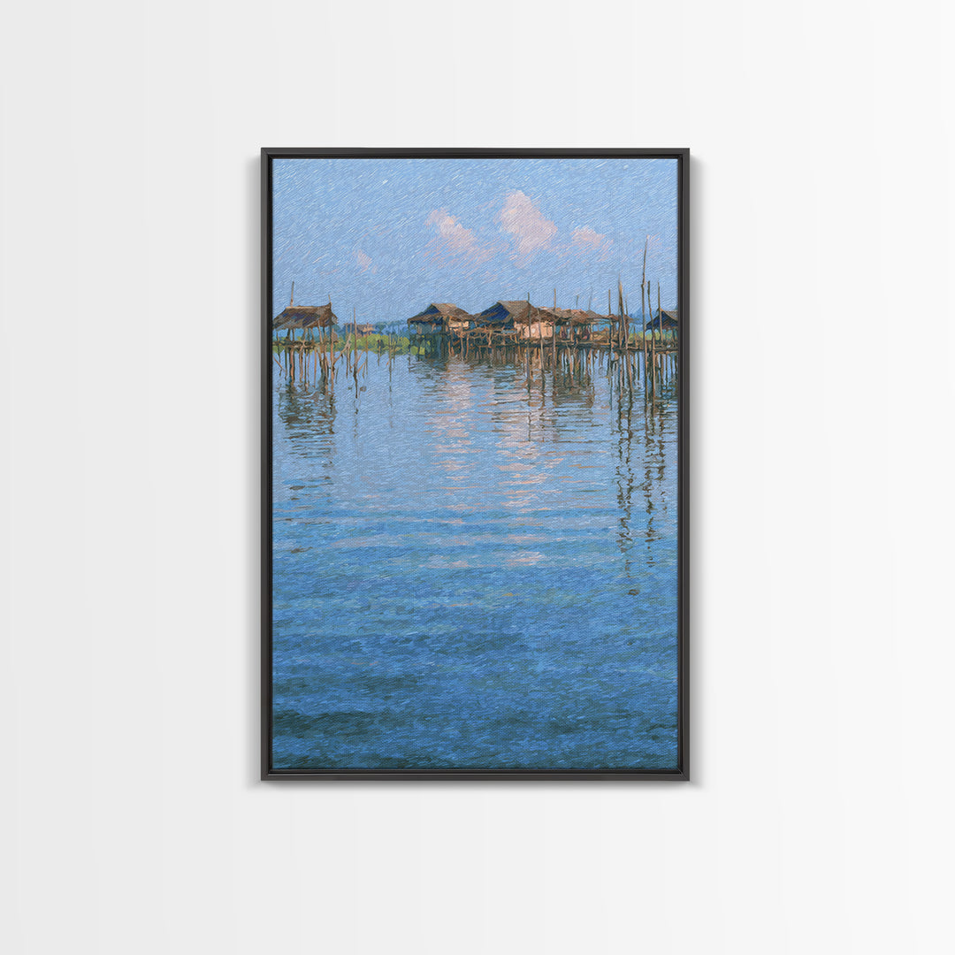Peaceful Blue Lagoon Stilt Village Canvas Print, African Coastal Landscape, Impressionist Water Reflections Wall Decor Gift
