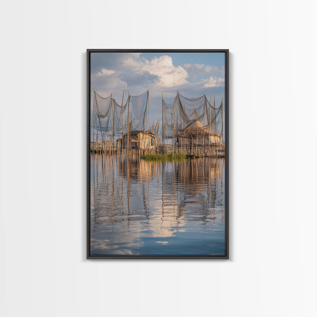 Sunlit Stilt Fishing Huts And Net Reflections Wall Art, Coastal Lake Village Canvas Print, Serene Blue Water Living Room Decor