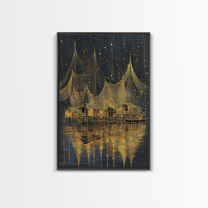 Golden Night Fishing Nets Over Stilt Houses Canvas Print, African Inspired Coastal Village Wall Decor, Black Gold Statement Art