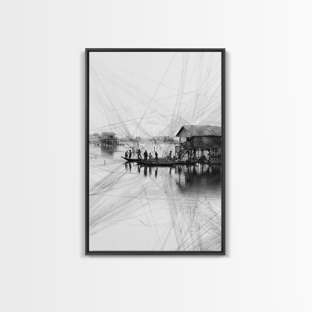 Black And White Fishing Village Sketch Wall Art, Fine Line Coastal Hut Drawing, Minimalist Lake House Decor For Gallery Walls
