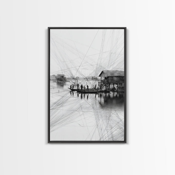 Black And White Fishing Village Sketch Wall Art, Fine Line Coastal Hut Drawing, Minimalist Lake House Decor For Gallery Walls
