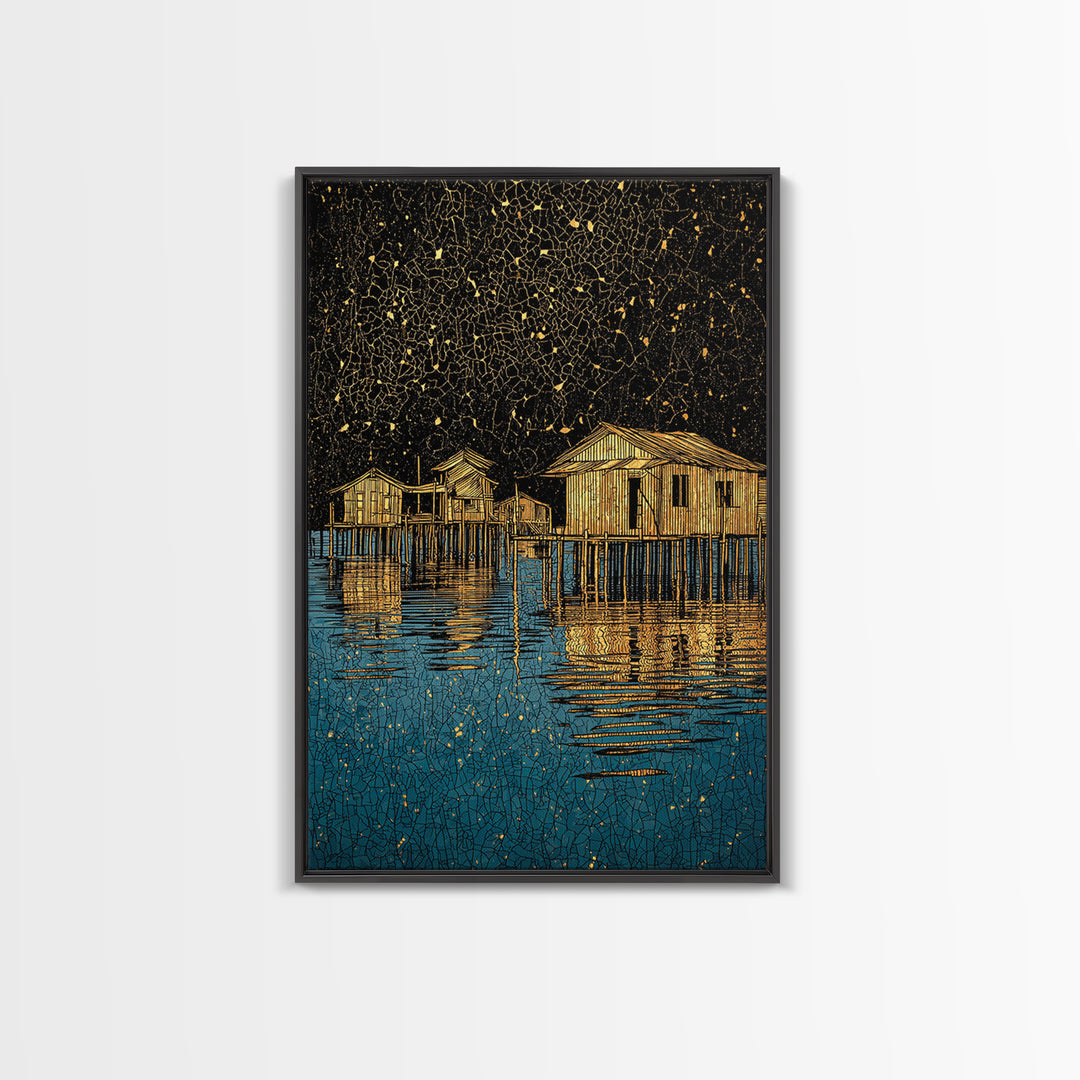 Gold Stilt Houses On Blue Water Canvas Print, Abstract Coastal Village Wall Art, Black Gold Lake Reflections Home Decor Art