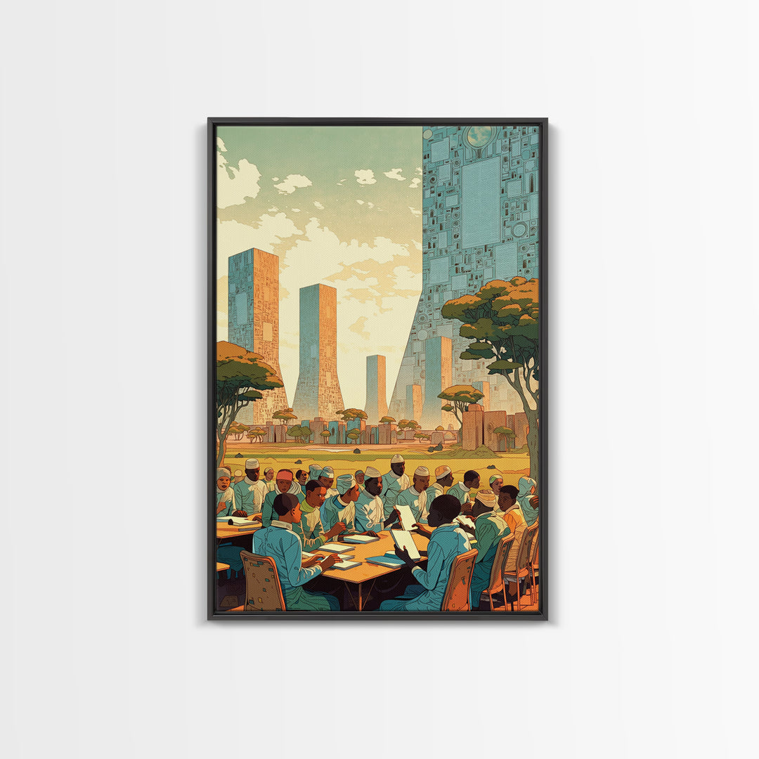 Futuristic African Scholars Skyline Wall Art, Afrocentric Art Print, Modern African Art, Office Decor, Cultural Wall Decor