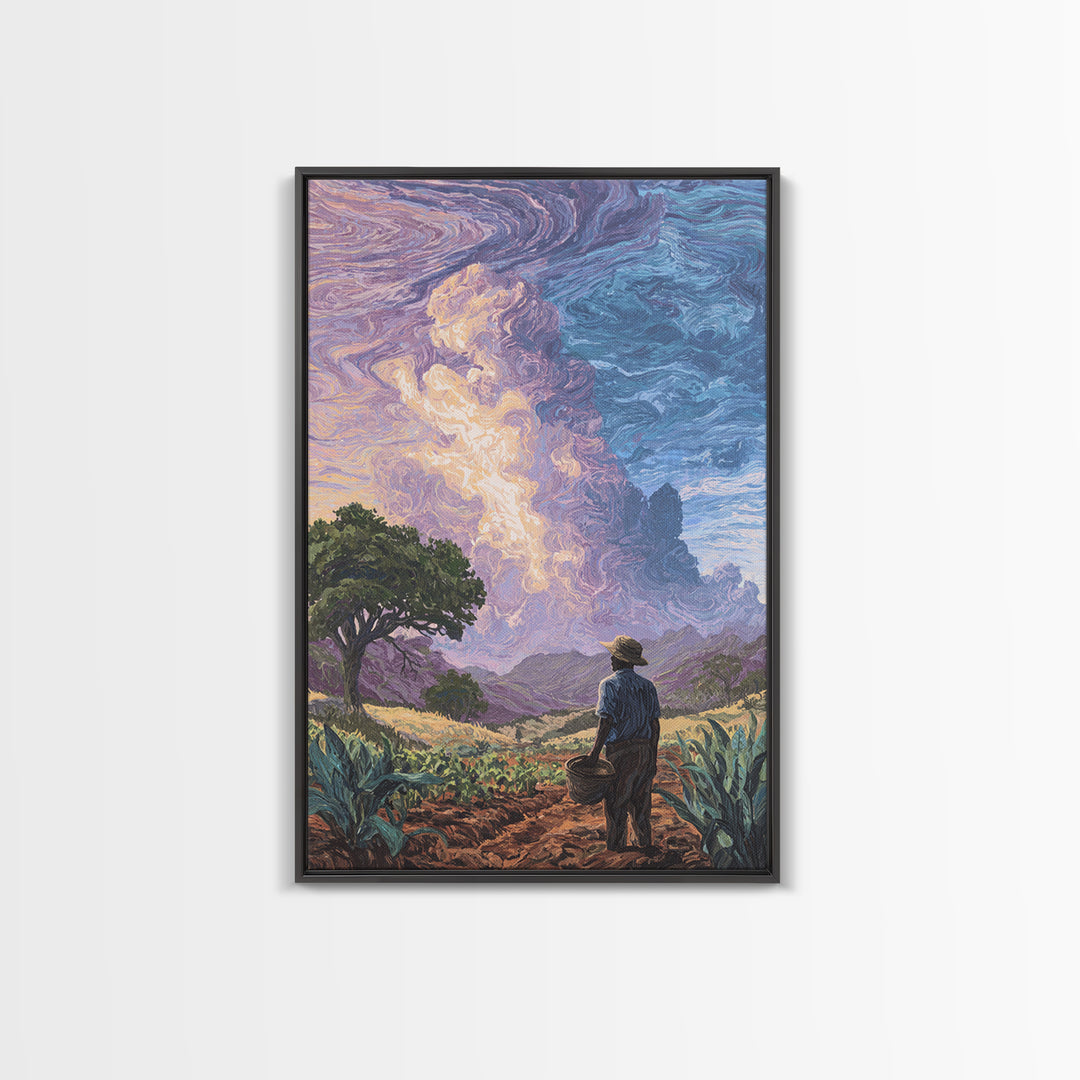 Farmer Under Swirling Storm Sky Canvas Print, African Landscape, Nature Scene Art, Earth Tone Wall Art, Living Room Decor
