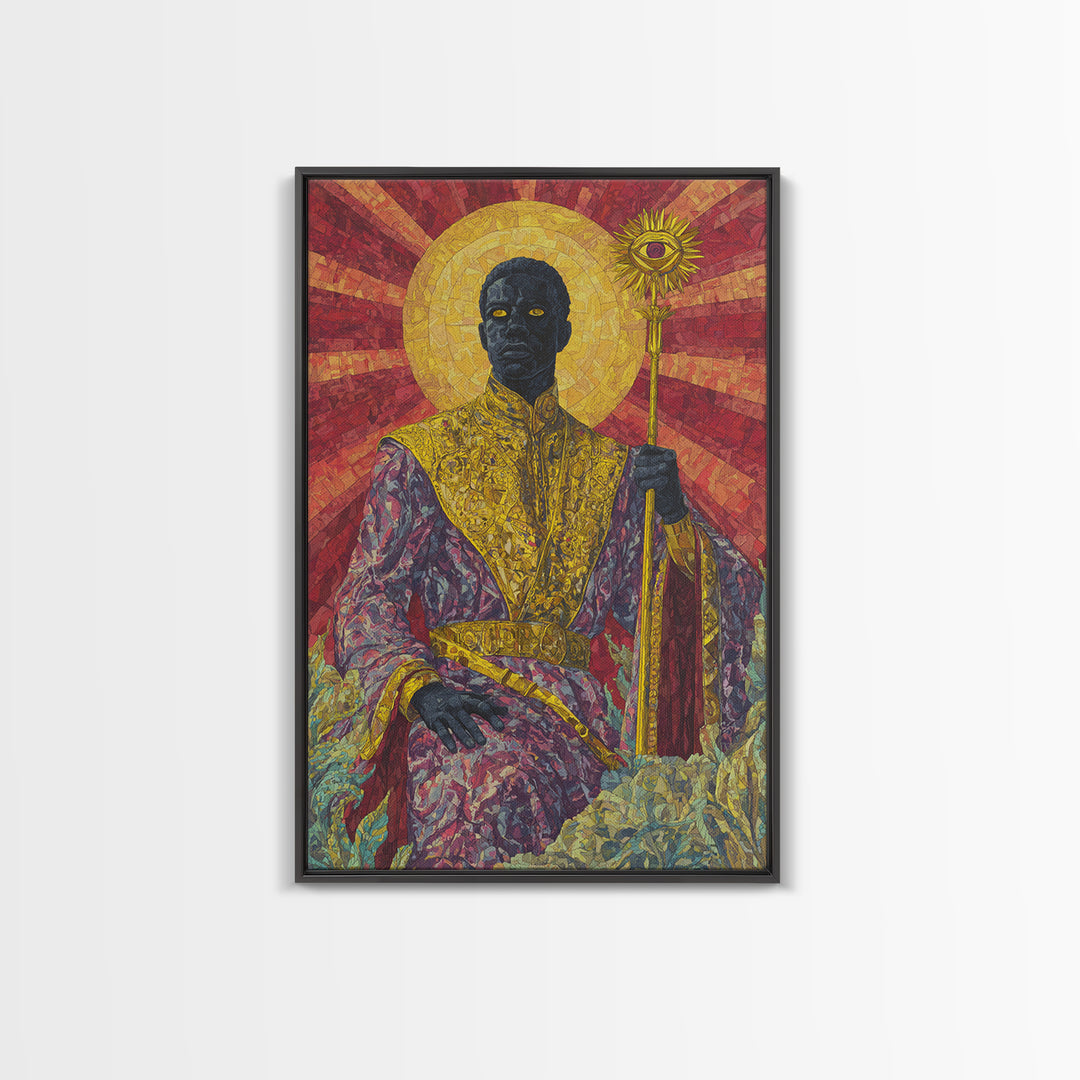 Regal Black Sun Priest Framed Canvas Print, African Queen Art, Black Goddess Art, Gold Jewelry Canvas, Statement Wall Decor