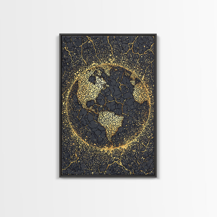 Black And Gold Cracked Africa Globe Canvas Print, African Wall Art, Afrocentric Decor, Modern Abstract Ethnic Home Decor Gift