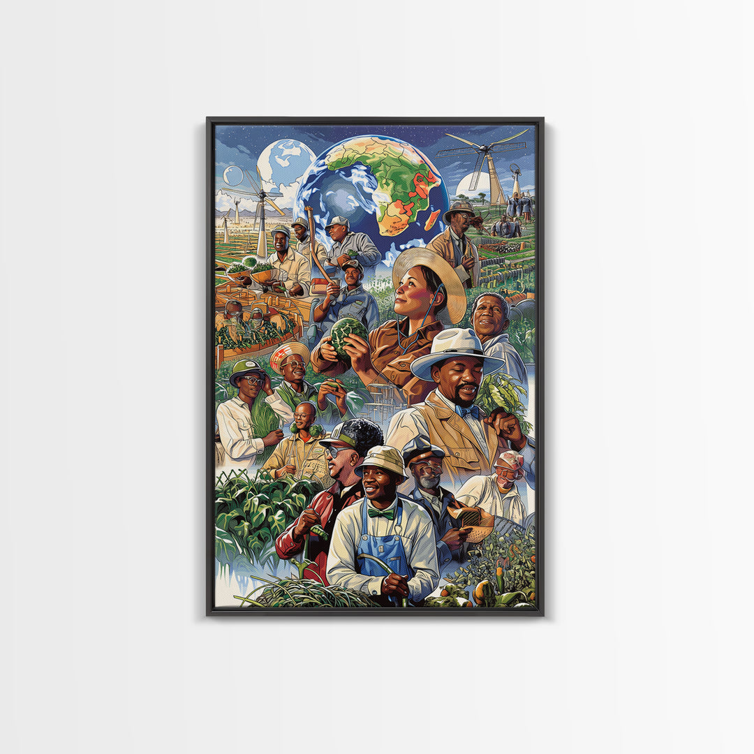 Global African Farmers Harvest Collage Framed Canvas Print, African Art Prints, Cultural Wall Decor, Farmhouse Office Decor