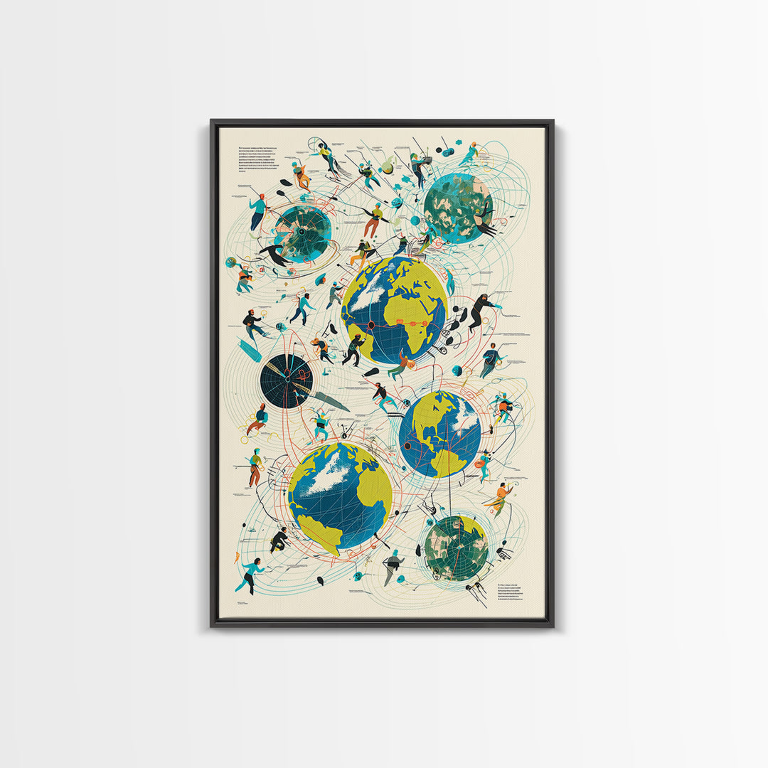 Abstract Global Network People Wall Art, Modern African Inspired Digital Art, Geometric Office Decor, World Map Canvas Print
