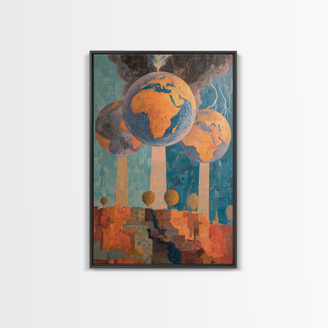 Surreal Africa Globe Trees Stormy City Wall Art, Modern African Art Print, Orange Blue Statement Decor, Afrofuturism Canvas Print
