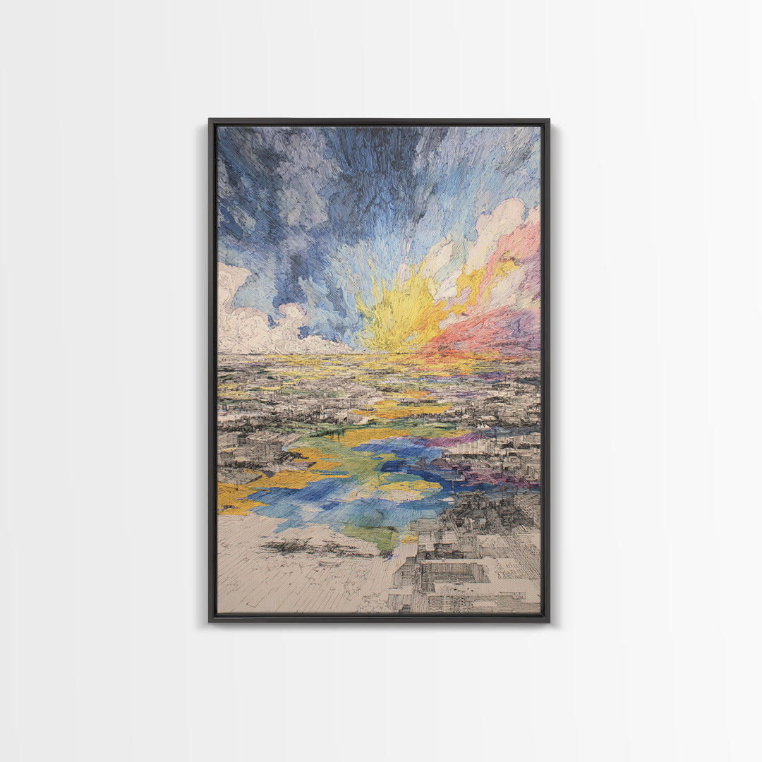Radiant Abstract City And River Sunrise Canvas Print, Modern African Inspired Wall Art, Colorful Landscape Office Decor Gift