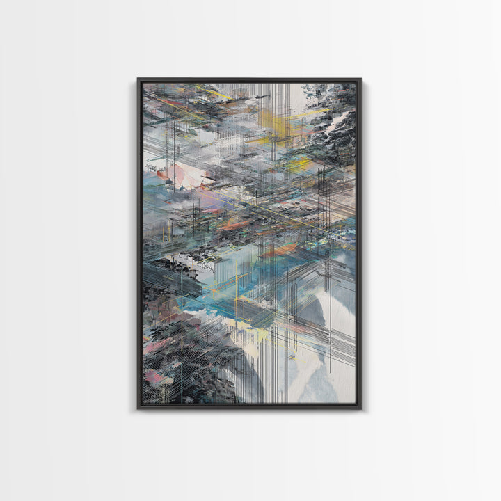 Layered City Grid Canvas Print, Abstract Urban Skyline, Modern Geometric Wall Decor, Blue Gray Office Art Gift, Large Home Decor