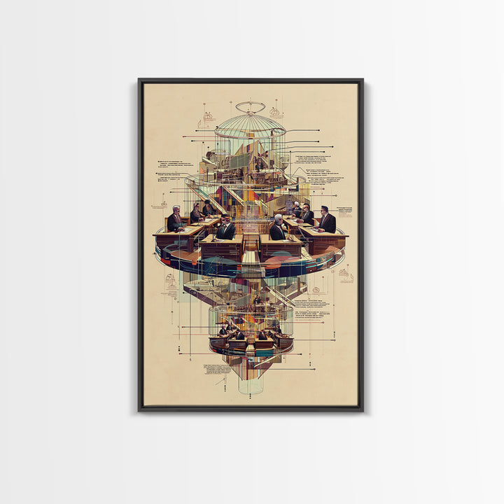 Futuristic Council Chamber Wall Art, Architectural Diagram, Modern Afrocentric Decor, Geometric Office Canvas Print Gift