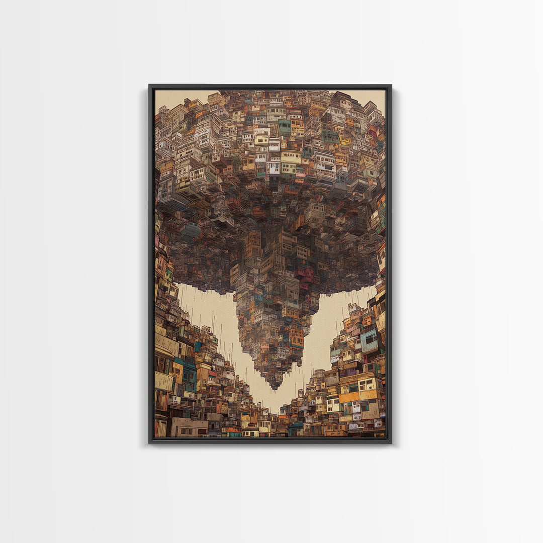 Inverted Megacity Wall Art, Surreal Urban Architecture, Modern Black Art Decor, Statement Canvas Print For Living Room Decor