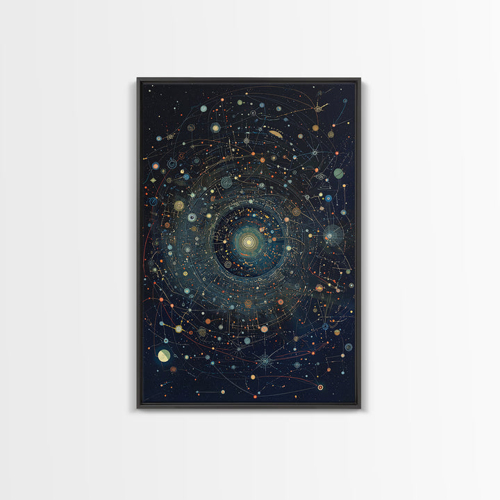 Dark Cosmic Orbit Mandala Canvas Print, Galaxy Map Wall Decor, Abstract Art, Modern Office Decor, Starry Astronomy Poster