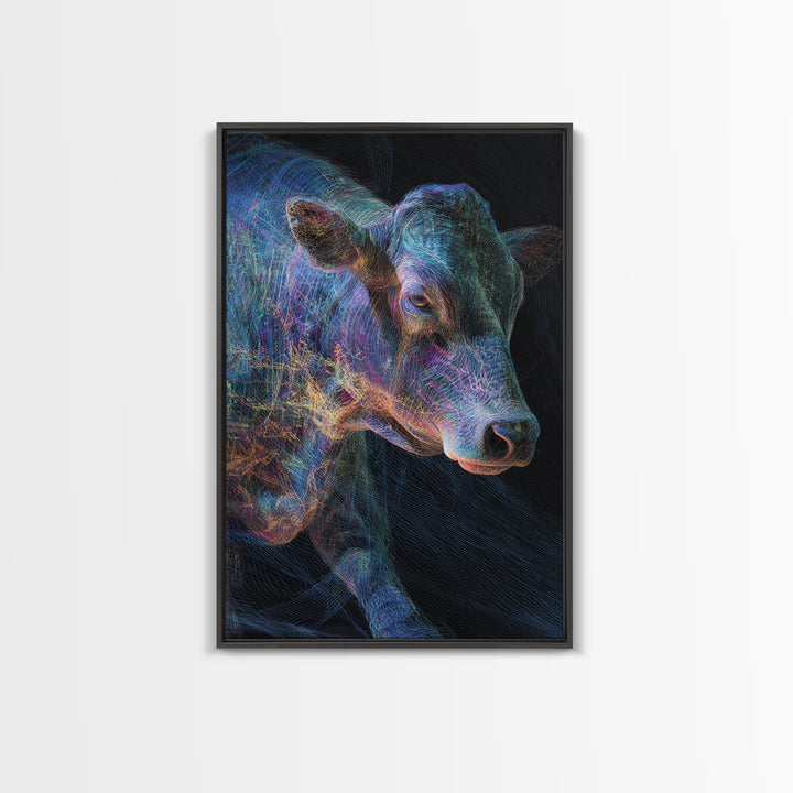 Neon Rainbow Cow Portrait Canvas Print, Abstract Animal Wall Decor, Electric Blue Farmhouse Art, Modern Black Home Decor