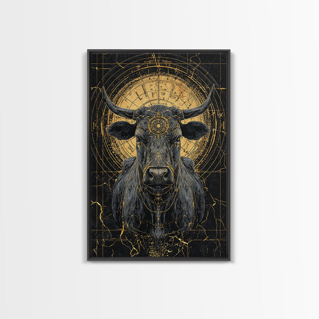 Sacred Black And Gold Bull Framed Canvas Print, Geometric Animal Wall Art, Mystical Farm Decor, Dramatic Statement Piece