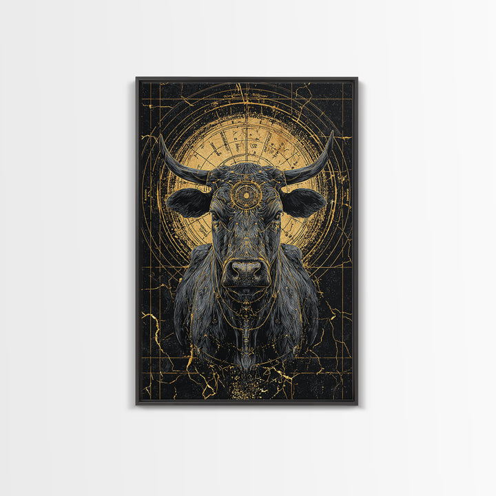 Sacred Black And Gold Bull Framed Canvas Print, Geometric Animal Wall Art, Mystical Farm Decor, Dramatic Statement Piece