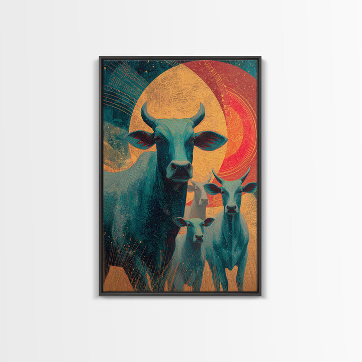 Retro Teal Cattle Family Canvas Print, Orange Sun Animal Wall Decor, Southwestern Farm Painting, Bold Living Room Art Gift