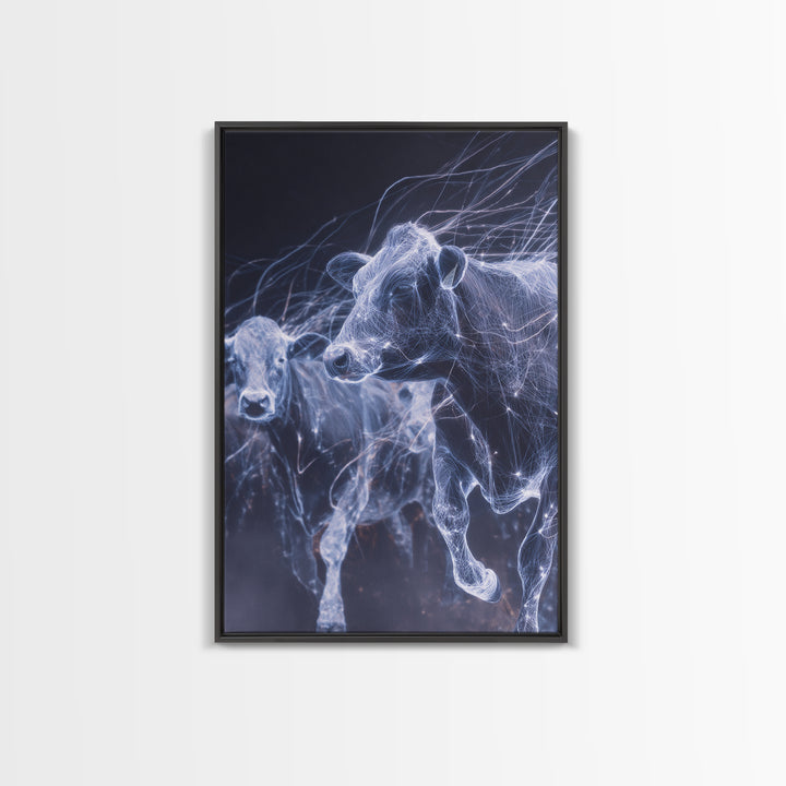 Glowing Running Cows Wall Art, Ethereal Blue Animal Canvas Print, Motion Study Farm Decor, Dreamy Modern Statement Piece