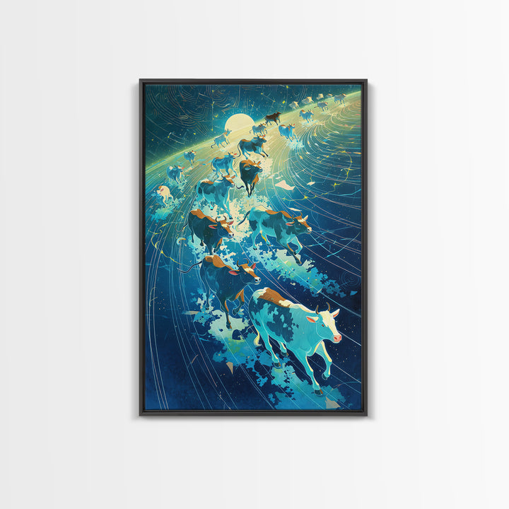 Cosmic Cattle Herd In Motion Wall Art, Blue Galaxy Animal Canvas Print, Dynamic Farm Decor, Unique Living Room Statement
