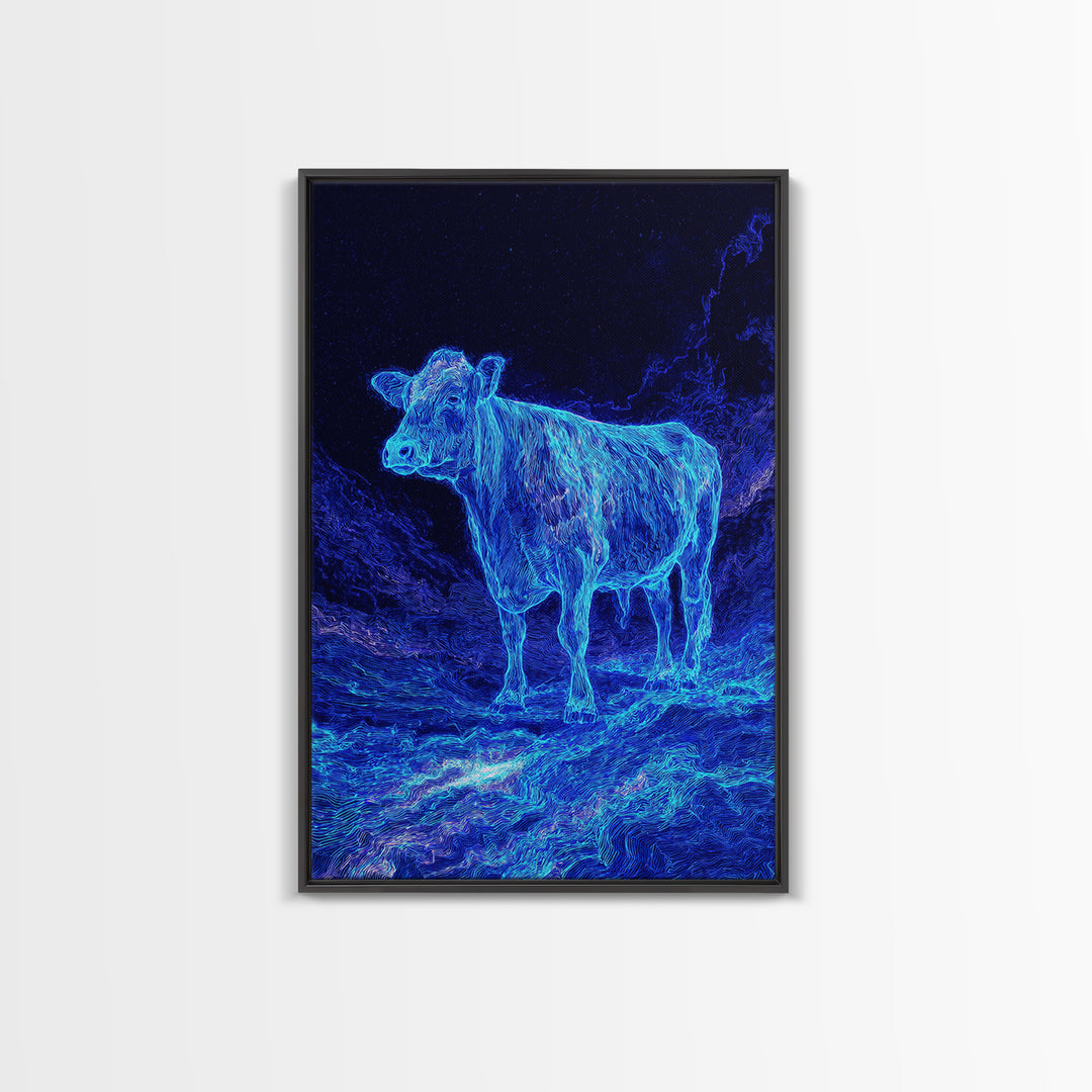 Electric Blue Cow Landscape Canvas Print, Neon Animal Wall Art, Mystical Night Farm Decor, Modern Nature Scene Painting Gift