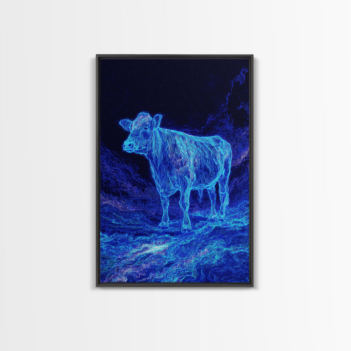 Electric Blue Cow Landscape Canvas Print, Neon Animal Wall Art, Mystical Night Farm Decor, Modern Nature Scene Painting Gift