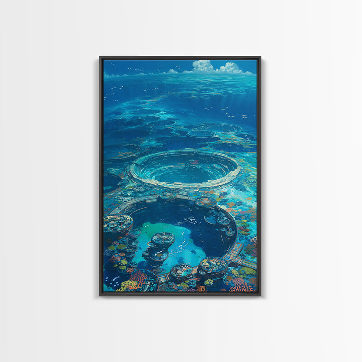 Underwater Ocean City With Coral Reef, Canvas Print, Blue Beach Art, Modern Wall Decor, Living Room Art, Unique Home Decor Gift