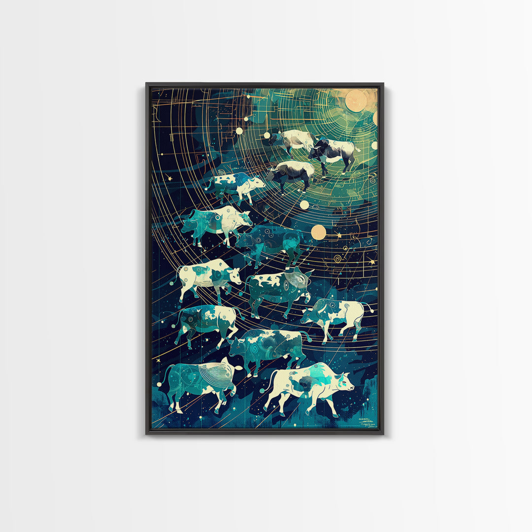 Celestial Cattle Herd Under Golden Star Map, Wall Art, Farm Animal Painting, Modern Canvas Art, Rustic Decor, Unique Gift