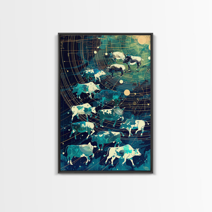 Celestial Cattle Herd Under Golden Star Map, Wall Art, Farm Animal Painting, Modern Canvas Art, Rustic Decor, Unique Gift