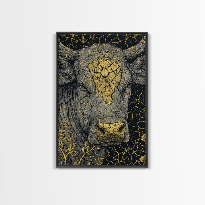 Cracked Gold Bull Portrait With Horns, Framed Canvas Print, Animal Wall Art, Black And Gold Art, Rustic Decor Statement Piece