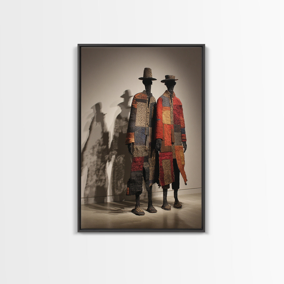 Patchwork African Textile Figures In Hats, Framed Canvas Print, African Art Sculpture, Tribal Decor, Cultural Home Decor Gift
