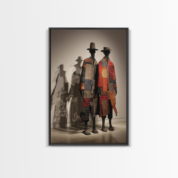 Patchwork African Textile Figures In Hats, Framed Canvas Print, African Art Sculpture, Tribal Decor, Cultural Home Decor Gift